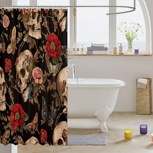 Feelyou Sugar Skull Rose Shower Curtain Set 72x72 Death Moth Gothic Floral Bath Curtain