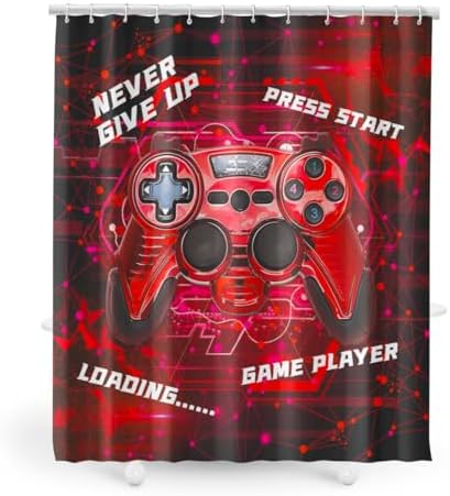 Gaming Shower Curtain for Boys - 60x72 Red Set with 12 Hooks