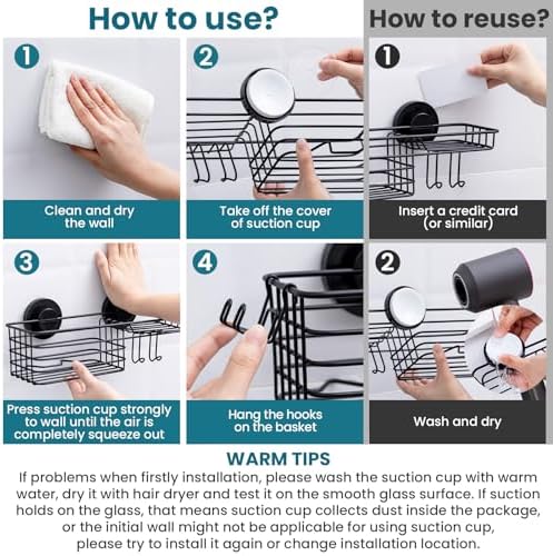 TAILI Heavy Duty Suction Shower Caddy with Hooks and Soap Holder