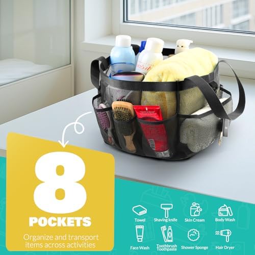 Ellipse Mesh Shower Caddy with 8 Pockets Portable for Dorm Room Travel Gym Beach