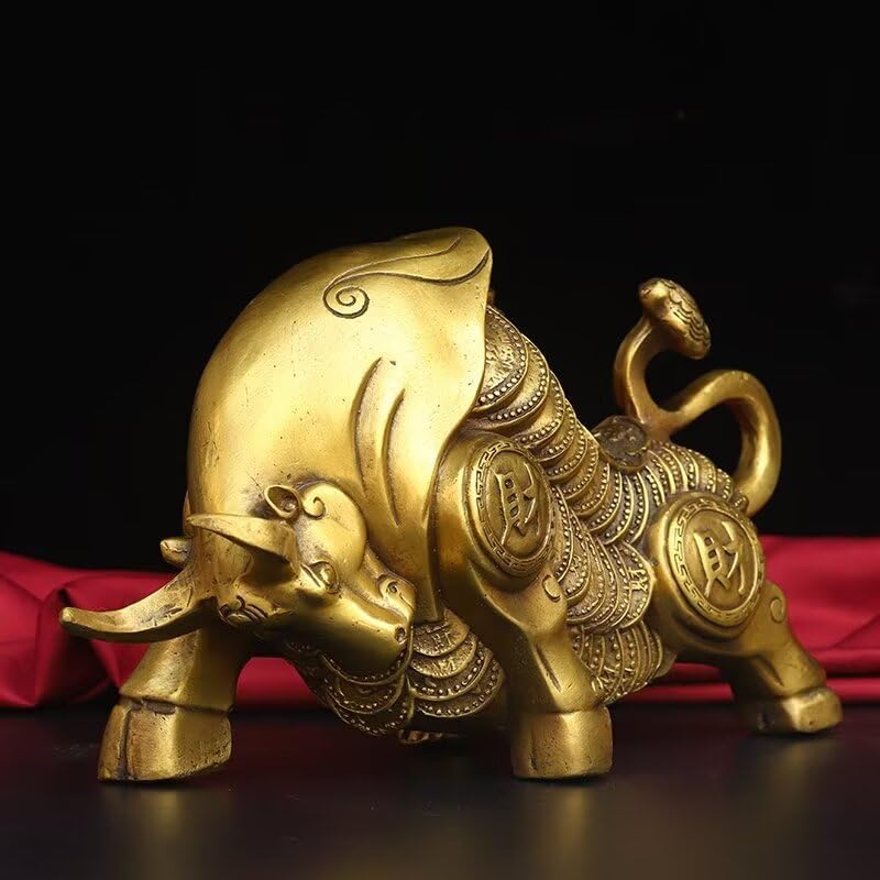 Chinese Golden Bull Brass Figurine Feng Shui Wealth Decor