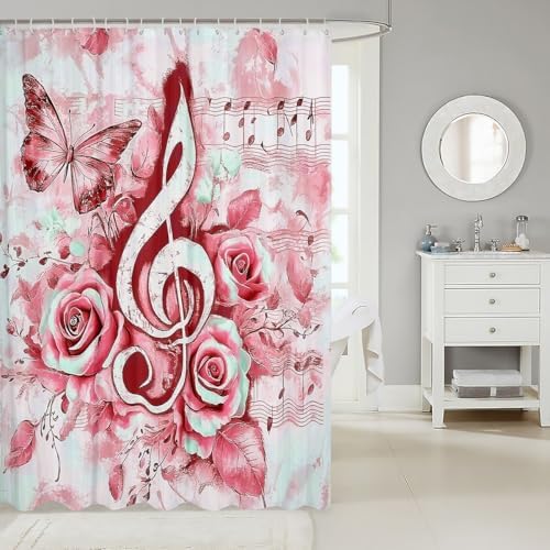 jejeloiu Music Bath Curtain 84x72 Red Notes Design
