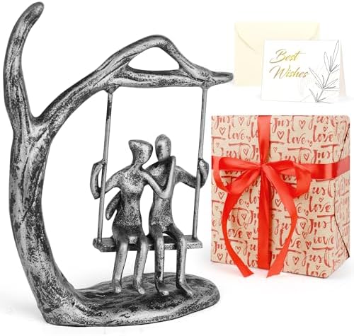 Romantic Couple Statue with Silver Finish Iron Sculpture Pink Love Keepsake Gift Set