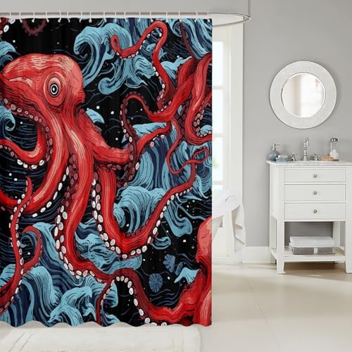 Feelyou Red Octopus Tentacles Bath Curtain Set for Kids 1