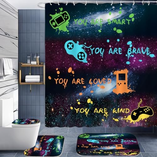ALEXEX 4 PCS Star Outer Space Kids Shower Curtain Set with 12 Hooks