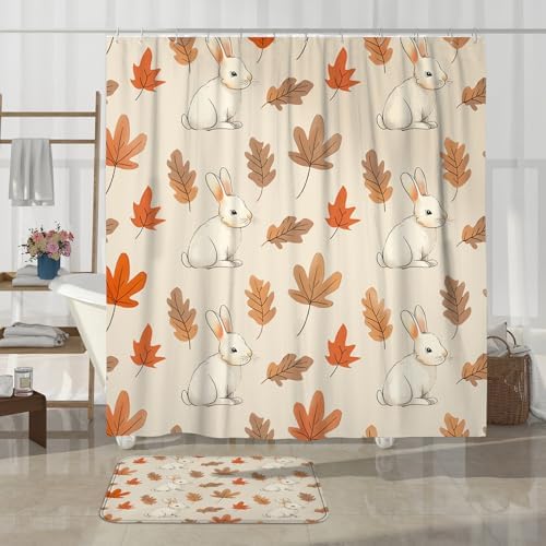 4PCS Fall Cartoon Rabbit Shower Curtain Set with Hooks and Non-Slip Rug
