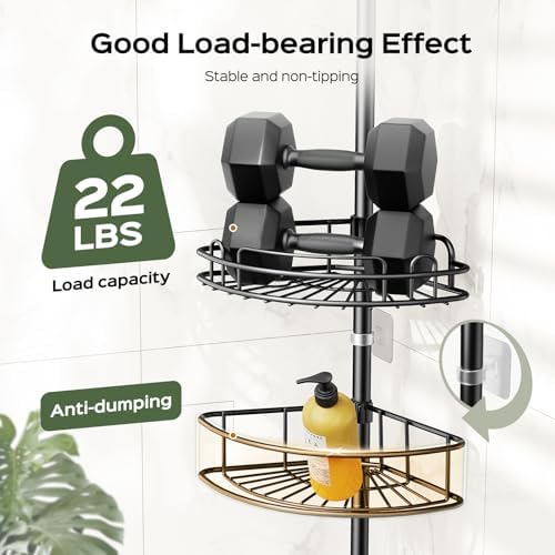 HAMITOR Corner Shower Caddy Tension Pole - 4-Tier Adjustable Rust-Resistant Organizer
