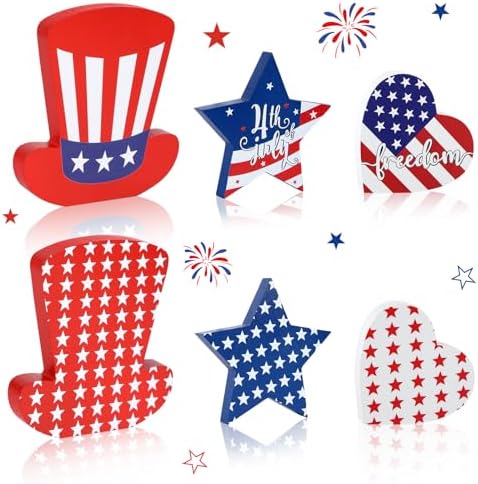 WENMAQIN 4th of July Decor Wooden Star Signs Set 6PCS