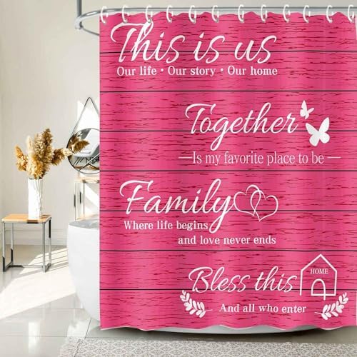 JAWO Family Shower Curtain Set - Pink Wood Design with 12 Hooks