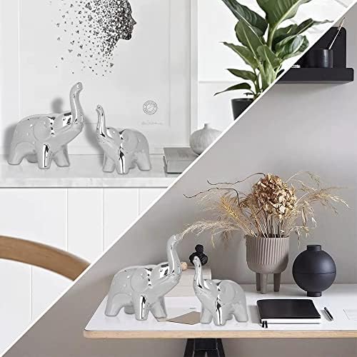 Handmade Silver Ceramic Elephant Statue Pair