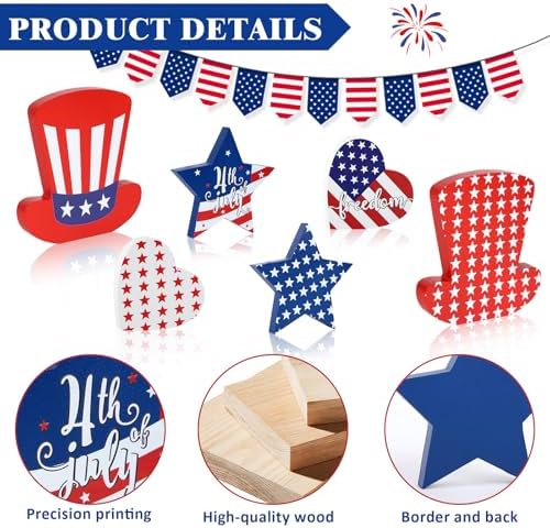 WENMAQIN 4th of July Decor Wooden Star Signs Set 6PCS
