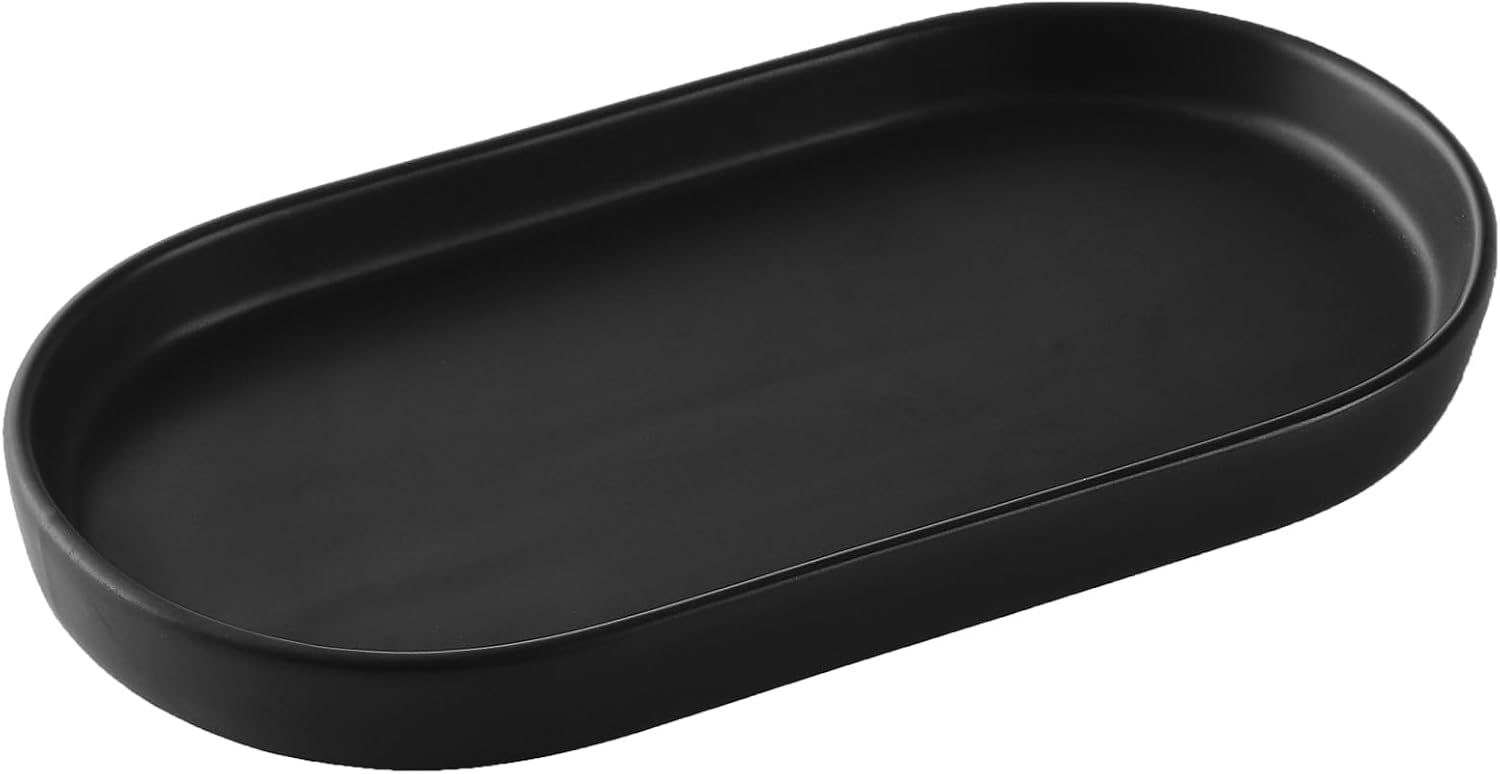 Matte Black Ceramic Soap Dispenser Tray - 8 Inch Vanity Organizer