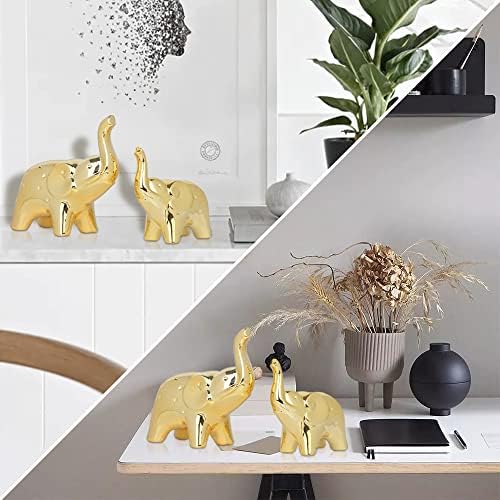 Handmade Ceramic Elephant Statue Pair - Gold Finish