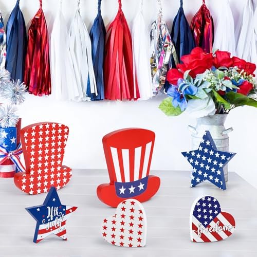 WENMAQIN 4th of July Decor Wooden Star Signs Set 6PCS