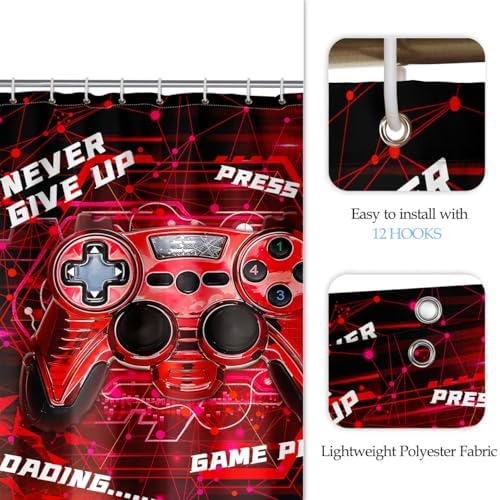 Gaming Shower Curtain for Boys - 60x72 Red Set with 12 Hooks