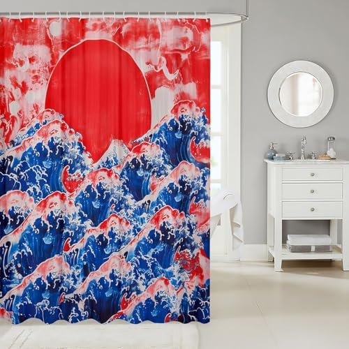 Feelyou Japanese Wave Bath Curtain Set 72x72 Waterproof