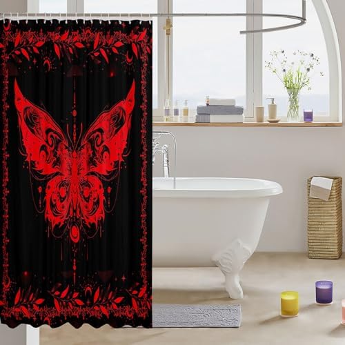 Feelyou Boho Red Butterfly Shower Curtain with 12 Hooks
