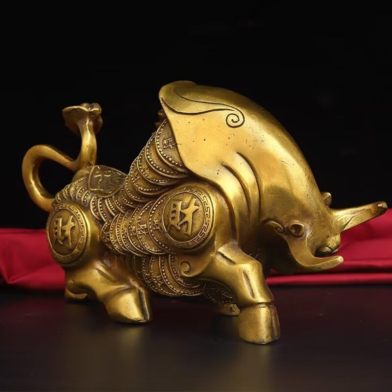 Chinese Golden Bull Brass Figurine Feng Shui Wealth Decor