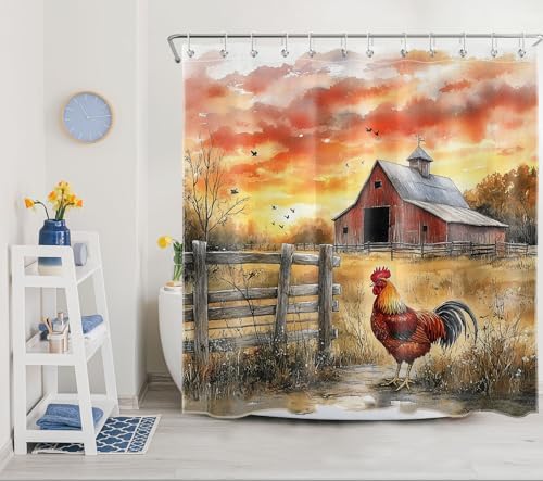 SCECALA Rustic Farm Barn Shower Curtain Red Barn Chicken Wood Fence 70x70 Inch