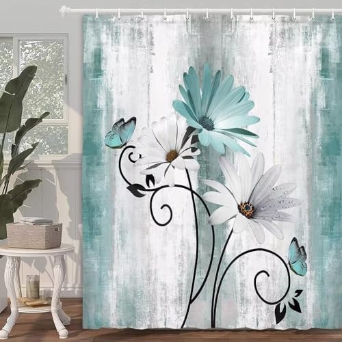 4PCS Rustic Teal Daisy Farmhouse Shower Curtain Set
