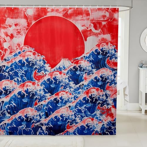 Feelyou Japanese Wave Bath Curtain Set 72x72 Waterproof