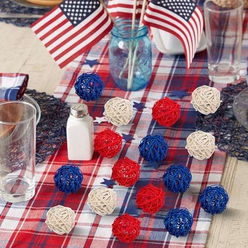JOYWU 18Pcs 2 Inch Patriotic Rattan Decorative Balls Set for Independence Day Decorations