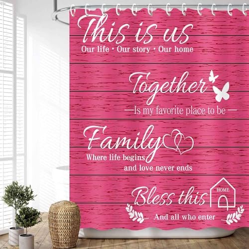 JAWO Family Shower Curtain Set - Pink Wood Design with 12 Hooks