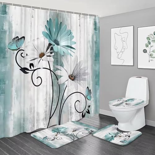 4PCS Rustic Teal Daisy Farmhouse Shower Curtain Set