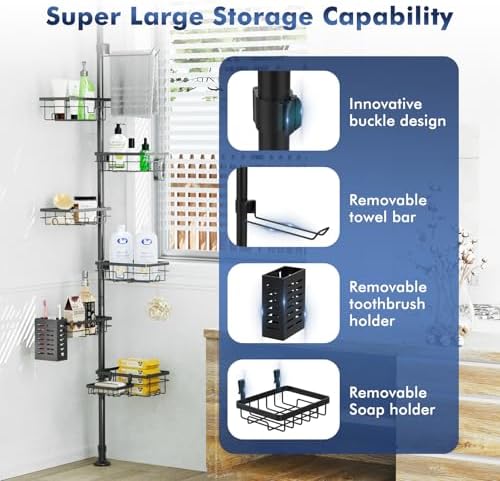 Vatex Adjustable Corner Shower Caddy Organizer with 6 Baskets and Towel Bar