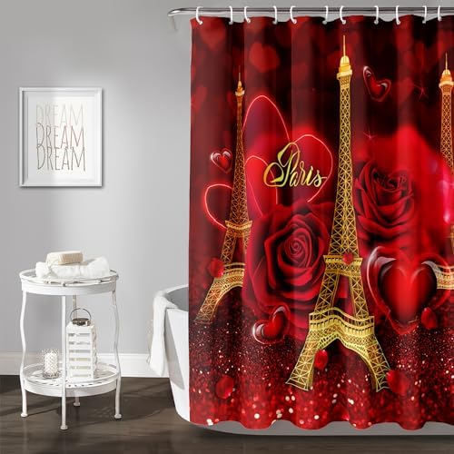 AILONEN 3D Oil Red Rose Shower Curtain Set with Hooks