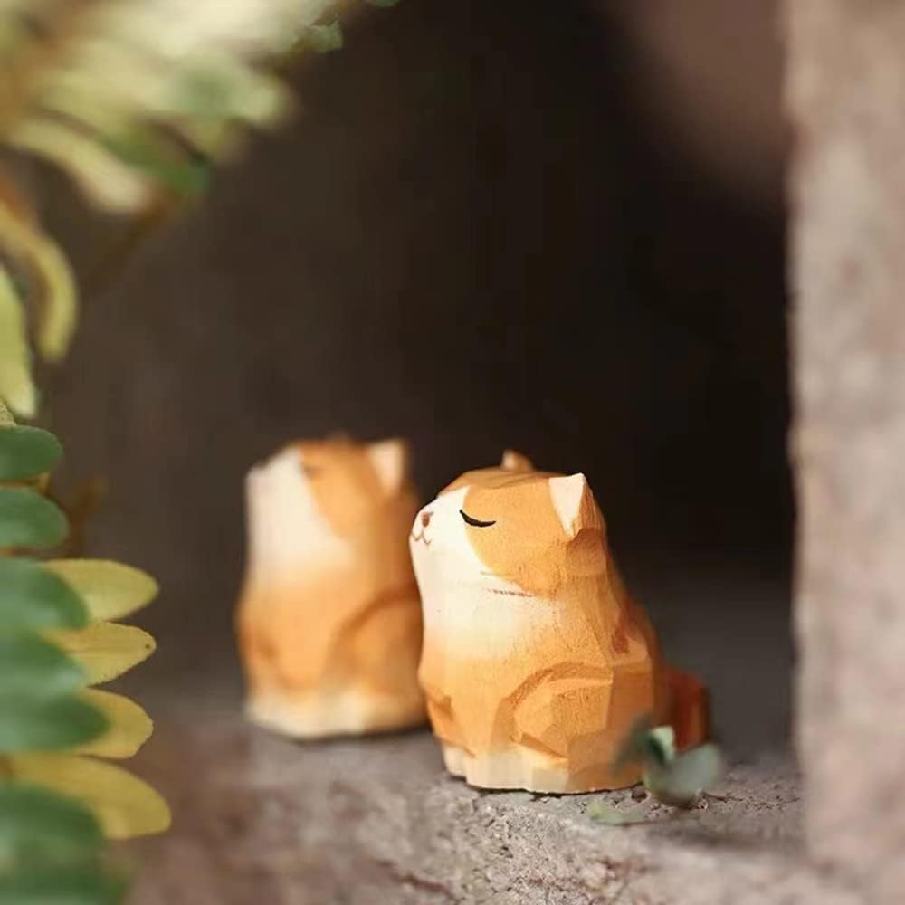 Little Orange Cat Wooden Statue Handmade Sculpture