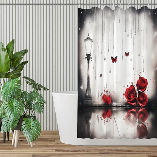 Red Rose with Butterfly and Street Lamp Shower Curtain Set 72x72 Inches
