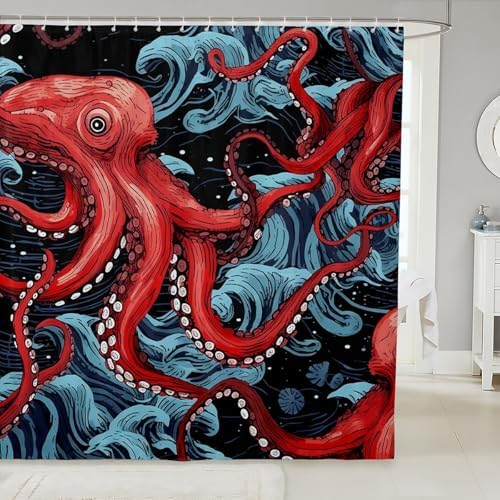 Feelyou Red Octopus Tentacles Bath Curtain Set for Kids 1