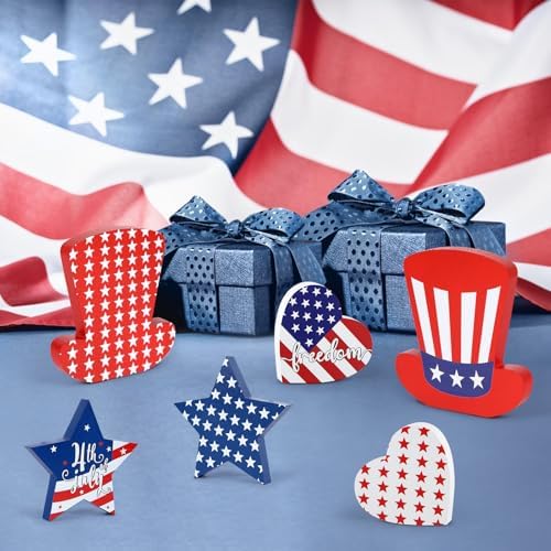 WENMAQIN 4th of July Decor Wooden Star Signs Set 6PCS