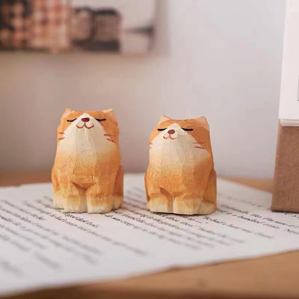 Little Orange Cat Wooden Statue Handmade Sculpture