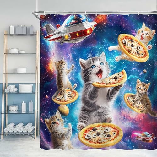 Funny Galaxy Space Cat Pizza Shower Curtain 72x72