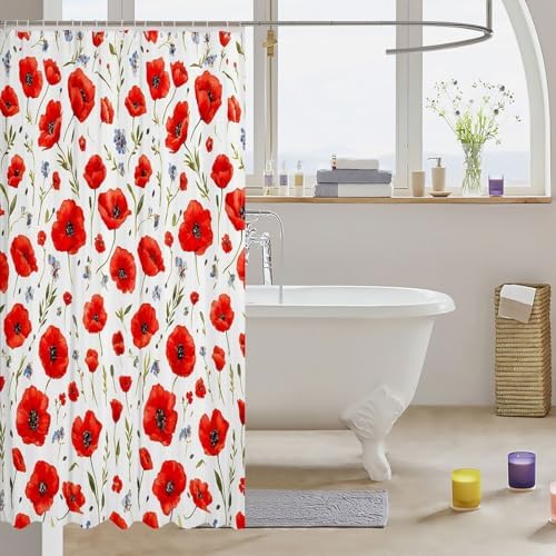 Feelyou Red Poppy Bath Curtain 72x78 Floral Print