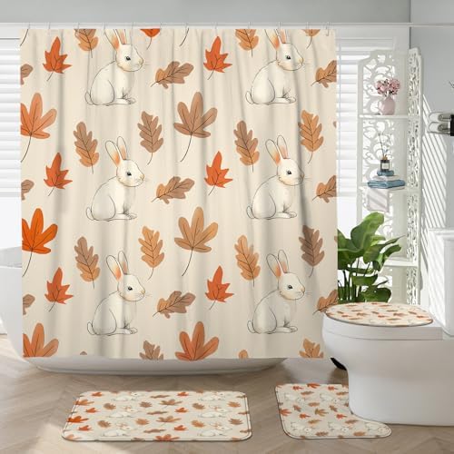 4PCS Fall Cartoon Rabbit Shower Curtain Set with Hooks and Non-Slip Rug
