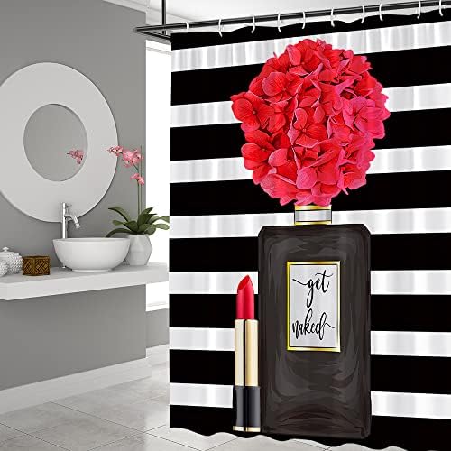 Black Floral Shower Curtain Set with Hook for Women