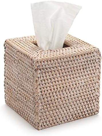 DECRAFTS Rattan Tissue Box Cover Natural Woven Holder Square White