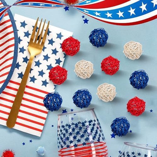 JOYWU 18Pcs 2 Inch Patriotic Rattan Decorative Balls Set for Independence Day Decorations