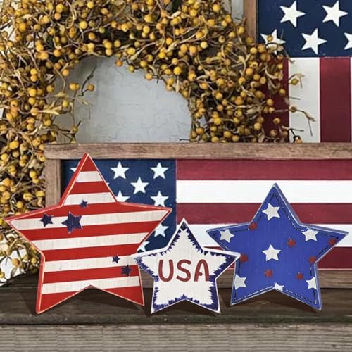 PICTTY 4th of July Stars Decor 3PC Wooden Set