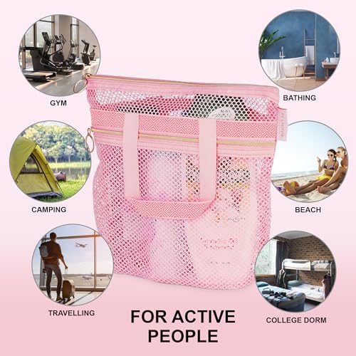 DV Lifestyle Quick-Dry Mesh Shower Bag with Zipper 2 Pockets Pink