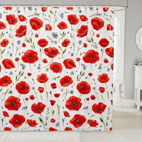 Feelyou Red Poppy Bath Curtain 72x78 Floral Print