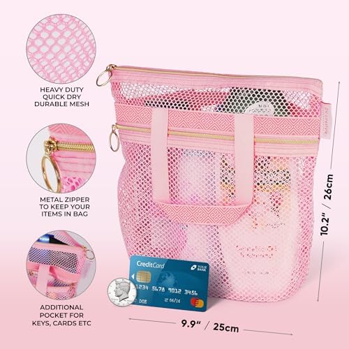 DV Lifestyle Quick-Dry Mesh Shower Bag with Zipper 2 Pockets Pink