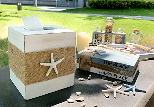 SOMTO Rustic White Wood Tissue Box Cover with Starfish Design