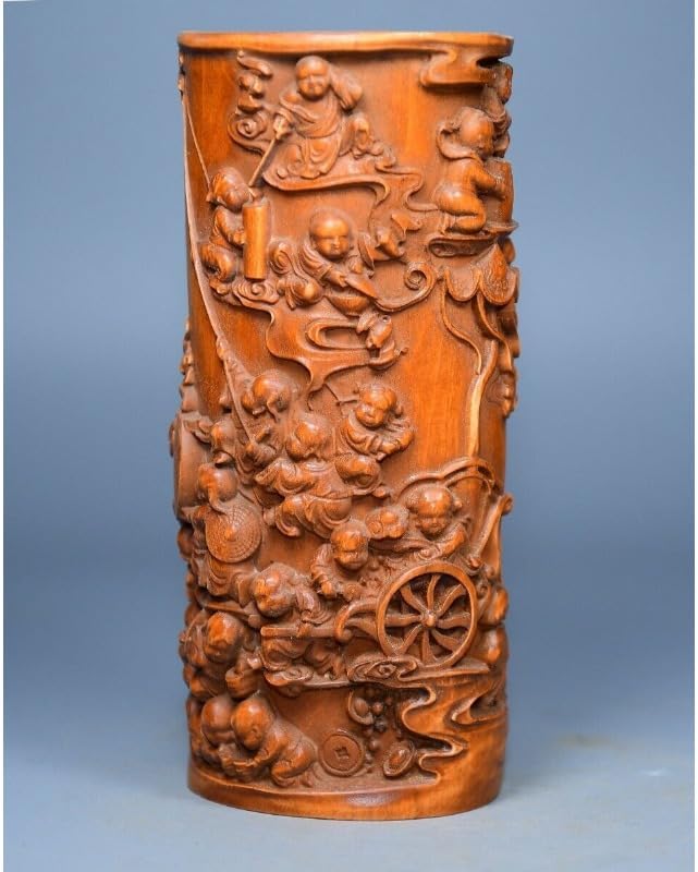 Handcrafted Boxwood Children Brush Pot Sculpture