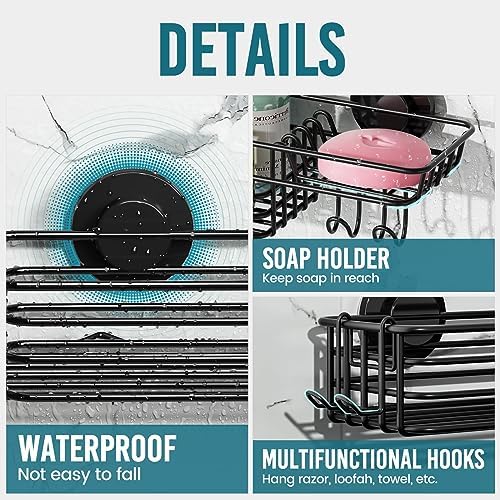 TAILI Heavy Duty Suction Shower Caddy with Hooks and Soap Holder