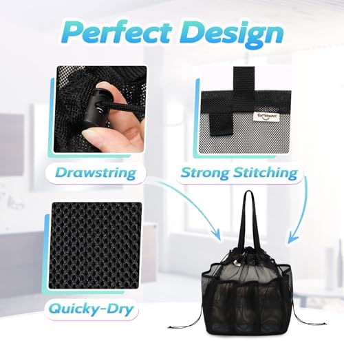 Famichan Mesh Shower Caddy Portable with Drawstring - Black