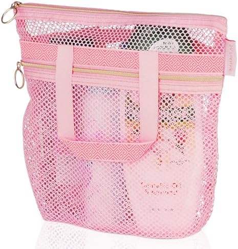 DV Lifestyle Quick-Dry Mesh Shower Bag with Zipper 2 Pockets Pink